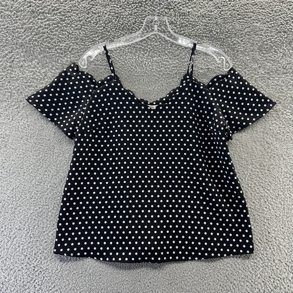 Monteau Top Women's Size Medium Black & White Polka Dot Cold Shoulder Shirt‎ M